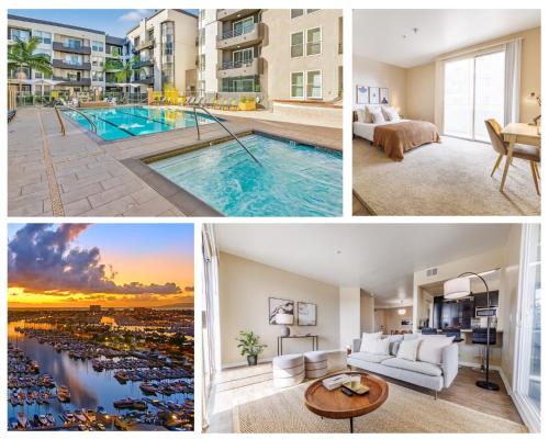 a collage of photos of a hotel room with a pool at Spacious 3-Bedroom 3BTH Apt in Marina Del Rey! Pool, Hot Tub in Los Angeles
