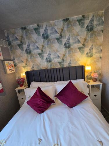 a bed with two red pillows on top of it at Charming 2 Bed Modern Guest House with Free Parking up to 3 cars in Beeston