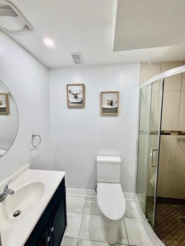 a bathroom with a toilet and a sink and a shower at Modern Cozy Basement Suite Free Parking in Brampton