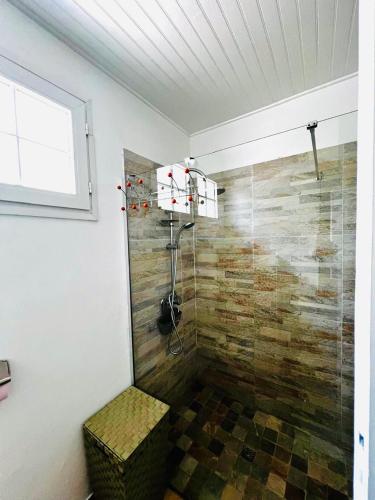 ein Bad mit einer Dusche mit einer Bank in der Unterkunft Villa Krysleen in Le Diamant