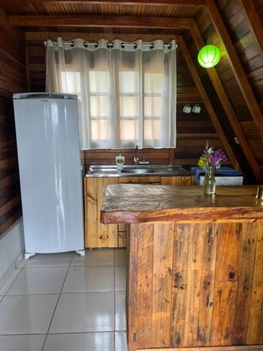 a kitchen with a refrigerator and a sink at Chalé Mirante das Estrelas in Camanducaia