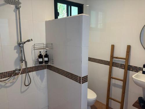 a bathroom with a shower and a toilet and a sink at Mae Haad Sunset 2 in Koh Tao