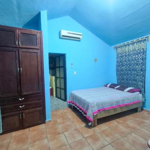 a bedroom with blue walls and a bed and a dresser at tamasopo y sus rios in Tambaca