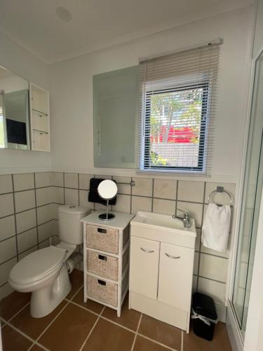 een badkamer met toilet, wastafel en raam bij The Hut in Russell