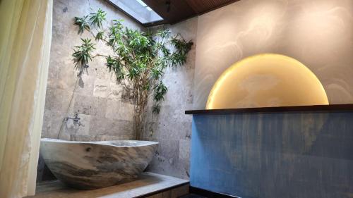 a bathroom with a large stone tub and a plant at Little Town Villa in Hoi An
