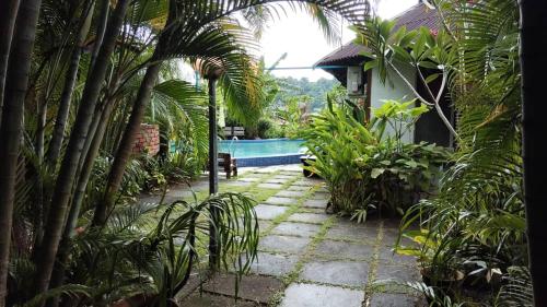 a garden with palm trees and a stone walkway at Cahaya Wooden Studio in Pantai Cenang