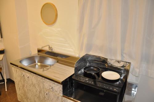 Una pequeña cocina con estufa y fregadero. en GOOSESTAY Koza, en Okinawa City