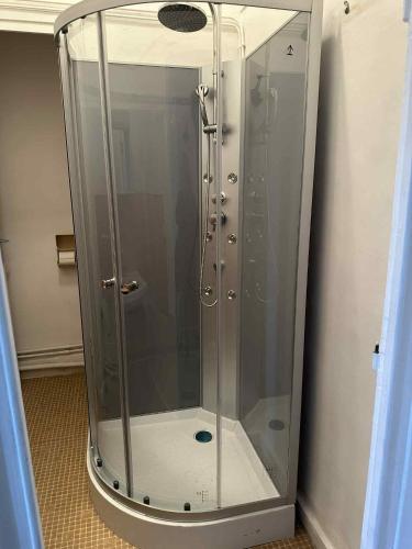 a shower with a glass door in a bathroom at Studio 17 1 chambre in La Bourboule