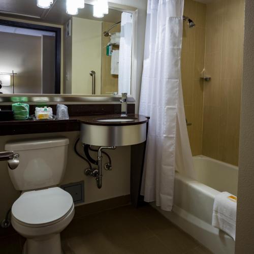a bathroom with a toilet and a sink and a tub at Holiday Inn Houston Downtown by IHG in Houston