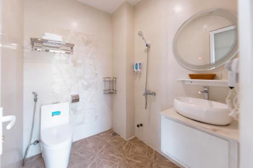 a bathroom with a sink and a toilet and a mirror at An Nhiên Hotel & Villa Da Lat in Da Lat