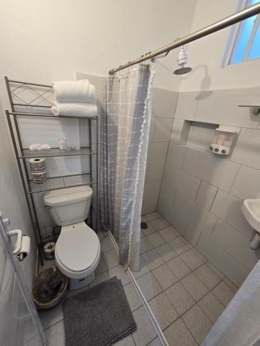 a bathroom with a toilet and a shower at Tayau Bungalows Bungalow 2 in Lo de Marcos