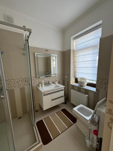 a bathroom with a sink and a shower and a toilet at B&B Apartment Farhad Hospitality Solutions in Samarkand