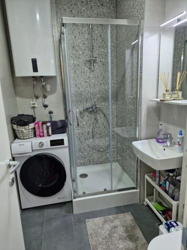 a bathroom with a shower and a washing machine at Pineta Apartman Bjelasnica in Bjelašnica