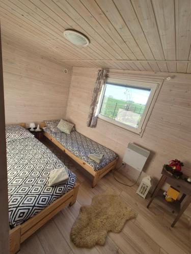 a room with two beds and a window at Kanadyjka in Lubień Kujawski