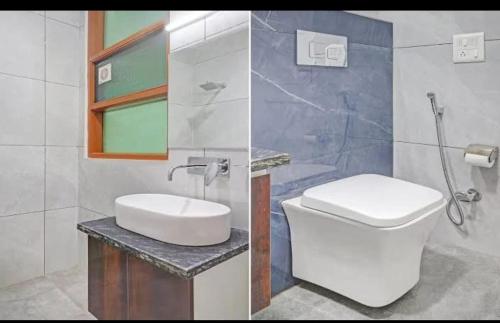 Dos imágenes de un baño con inodoro y lavabo. en ES tower, en Gumgaon