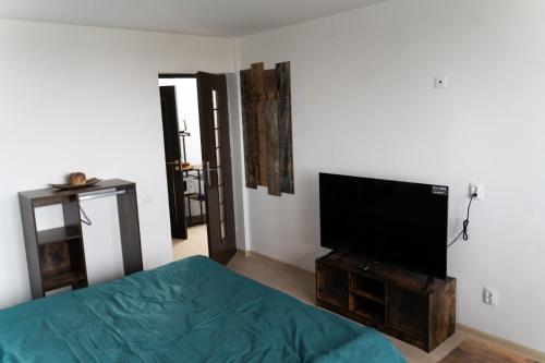 a bedroom with a bed and a flat screen tv at CASA Don Lucio in Craiova