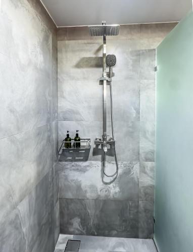 a bathroom with a shower with two bottles on a shelf at The Palm Ray Rasdhoo in Rasdhoo