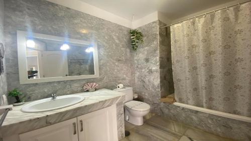 un bagno con lavandino, WC e specchio di Apt. El Guirre Nº 3 a Valle Gran Rey