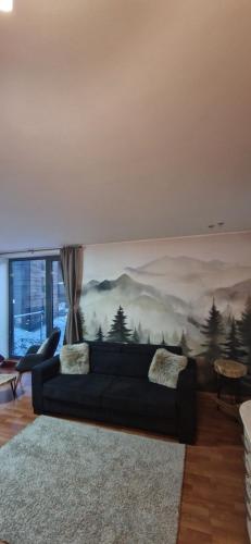 una sala de estar con un sofá negro y una pintura en la pared en Apartment Mumlava falls, en Harrachov