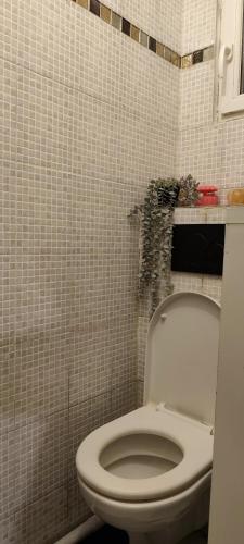 a bathroom with a toilet and a tiled wall at Studio propre disponible in Vigneux-sur-Seine
