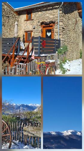 a collage of four pictures of a house with a bench at Gite La Grangette de Pauline in Mercus-Garrabet