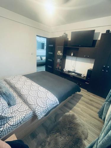 Craiova International AirportMagnolia apartament K&A的卧室里有一张床和一张书桌