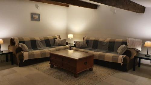 un salon avec deux canapés et une table basse dans l'établissement 'Au Coeur des Vignes' - private apartment & garden, à Magalas