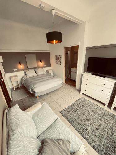 a large bedroom with a bed and a tv at Villa Millepertuis Bagnoles de l'Orne in Bagnoles de l'Orne
