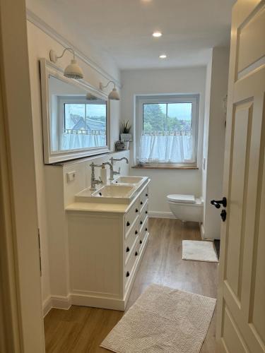 a bathroom with a sink and a toilet and a window at Landhausstübchen 105qm mit Balkon-2 Schlafzimmer-Bad-WC-WiFi-Kaffeemaschine-Waschmaschine-Trockner-Föhn-Handtücher und Bettwäsche-sehr familienfreundlich in Eichenzell
