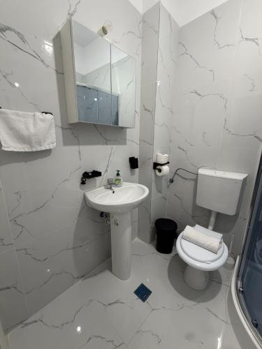 a white bathroom with a toilet and a sink at Studio Militari Residence in Roşu