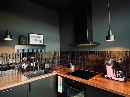 a kitchen with a sink and a counter top at Atelier Noé NOIR - Kunstvoll Wohnen - Wunderbares Frühstück möglich - Ruhig und nah am Zentrum - in Chemnitz