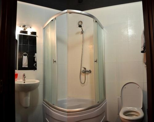 a bathroom with a shower and a toilet and a sink at Exclusive apartment at the in Mykolaiv