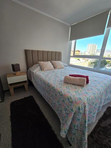 ein Schlafzimmer mit einem Bett und einem großen Fenster in der Unterkunft Rancagua Centro Departamento 3 dormitorios excelente ubicacion in Rancagua