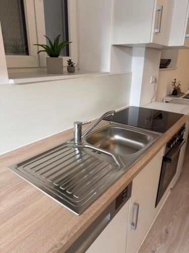 Smart Home Bad Camberg - moderne Ferienwohnung في باد كامبيرغ: مطبخ مع حوض حديد قابل للصدأ في مطبخ