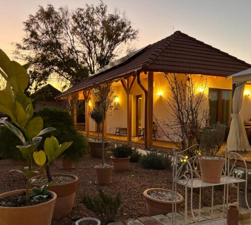 a house with a gazebo with potted plants at Casa Oliva Tokaj in Tokaj