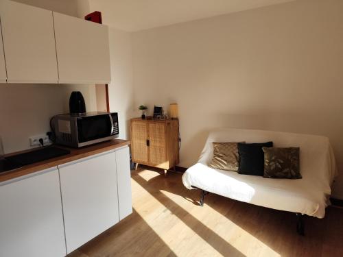 Il comprend une petite cuisine avec un canapé et un four micro-ondes. dans l'établissement Milky Way - Appartement en bas des pistes du Mourtis, à Boutx