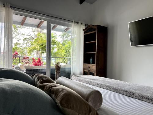 ein Schlafzimmer mit einem Sofa, einem TV und einem Fenster in der Unterkunft Finca Bella Village Para Amantes del Entorno Rural in Jiguales