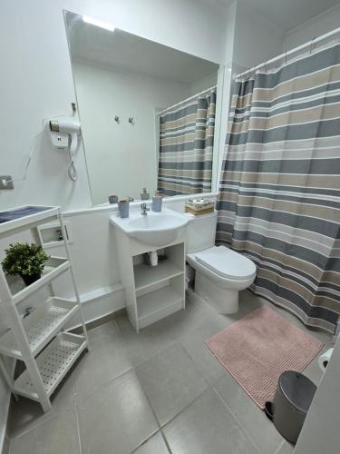 ein Badezimmer mit Waschbecken, Toilette und Dusche in der Unterkunft Departamento Céntrico 2 o 3 dorm con Parckin Piscina y Wifi in Rancagua