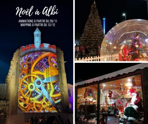 a collage of three pictures of a carnival and a christmas tree at Entre rivière & bambous - Vue rivière - Parc arboré - Petfriendly in Saint-Juéry
