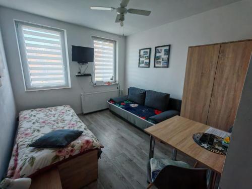 un salon avec un lit et un canapé dans l'établissement Apartament "Jeleń" Jelenia Góra - Cieplice, à Jelenia Góra