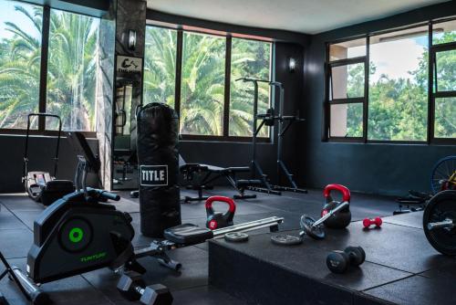a gym with weights and equipment in a room at The Hide on Aston-Sandton in Johannesburg