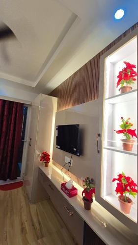sala de estar con 2 ventanas con macetas en Comfystays, en Greater Noida