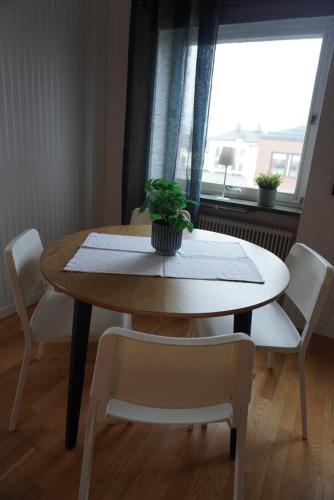 - une table à manger avec une plante en pot dans l'établissement Vannebodagatan, à Frövi