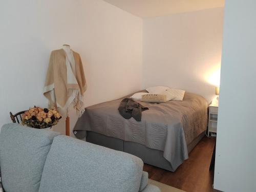 una camera da letto con un letto e un divano in una stanza di Pikku-Kassu a Hämeenlinna