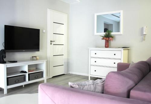a living room with a couch and a tv at APARTAMENT TETRIS - CENTRUM - Garaż in Kielce