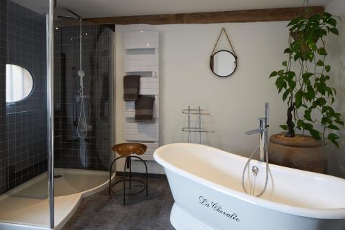 a bath tub in a bathroom with a shower and a sink at Maison d'hôtes La Chevalée in Hautvillers