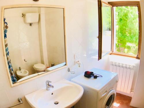 ein Badezimmer mit Waschbecken, Toilette und Spiegel in der Unterkunft Villa Sole Vini in the Heavenly Heart of Umbria on Top of the World sleeps 50 in Bazzano di Spoleto