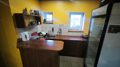 a kitchen with yellow walls and a wooden counter top at Jaunrūtiņas dīķis in Salaspils