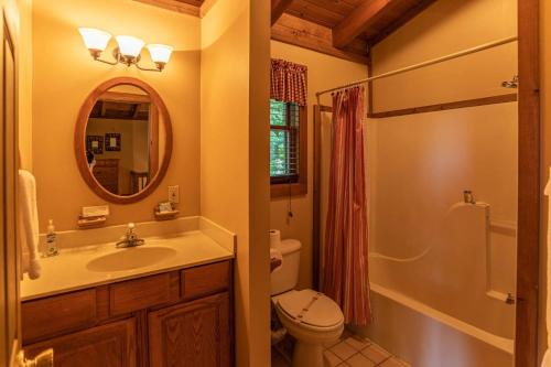 een badkamer met een wastafel, een toilet en een spiegel bij Apple of my Eye in Banner Elk