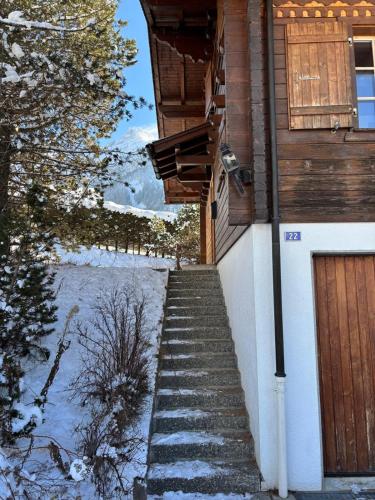 a set of stairs leading up to a house with snow at Chalet familial Rose de Noël in Les Diablerets